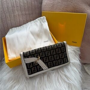 AUTHENTIC Fendi Black and Brown FF Canvas Continental Wallet with White Trim.